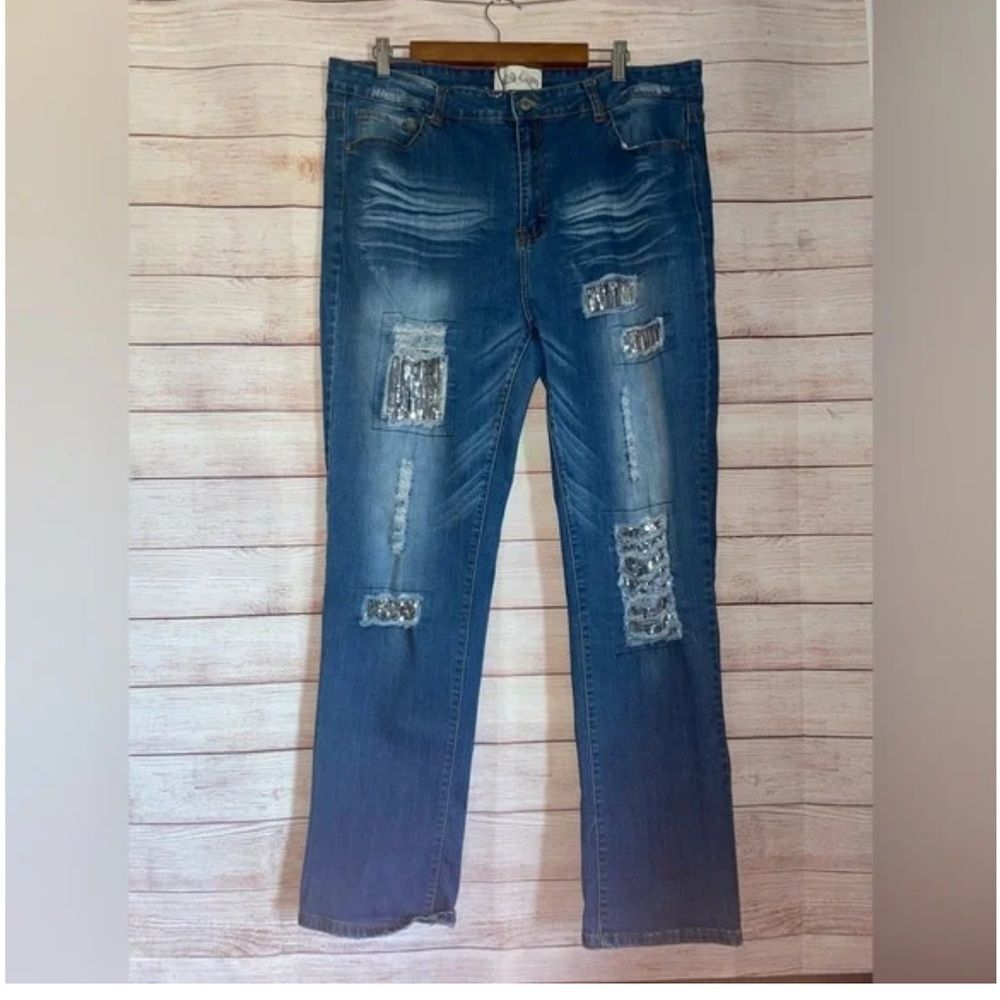 L & B Creations Silver Sequin Patch Boyfriend Skinny Jean - Size 20 denim Blue - Picture 9 of 11